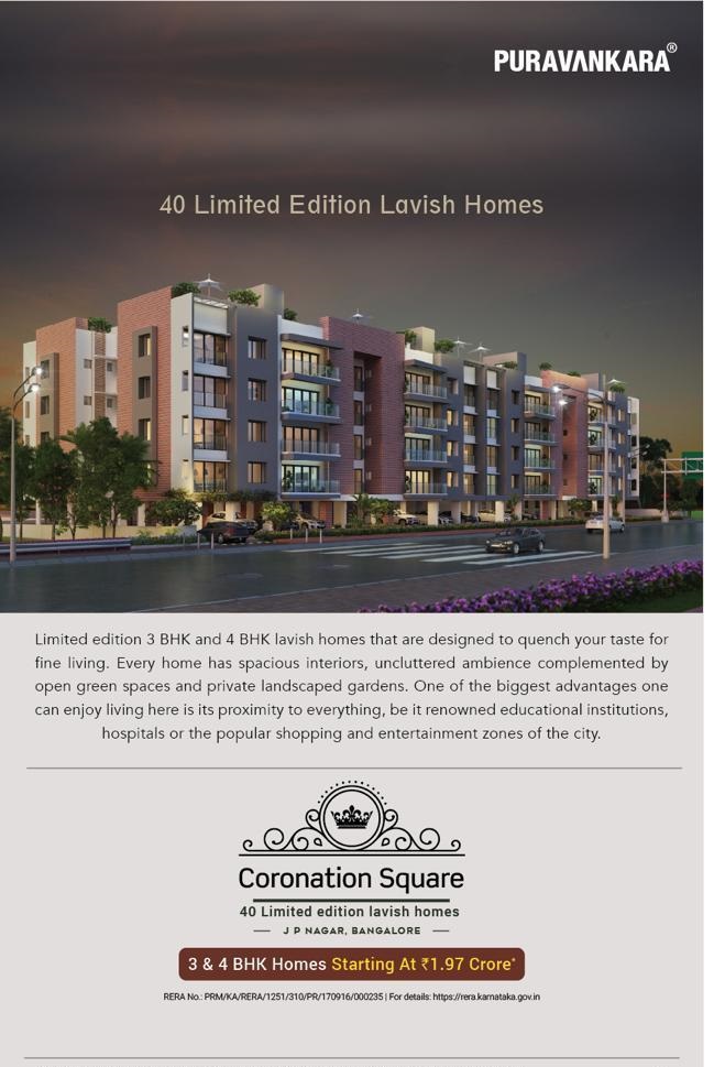 Book 3  and 4 BHK homes starting at  Rs. 1.97 Cr at Purva Coronation Square in Bangalore Update